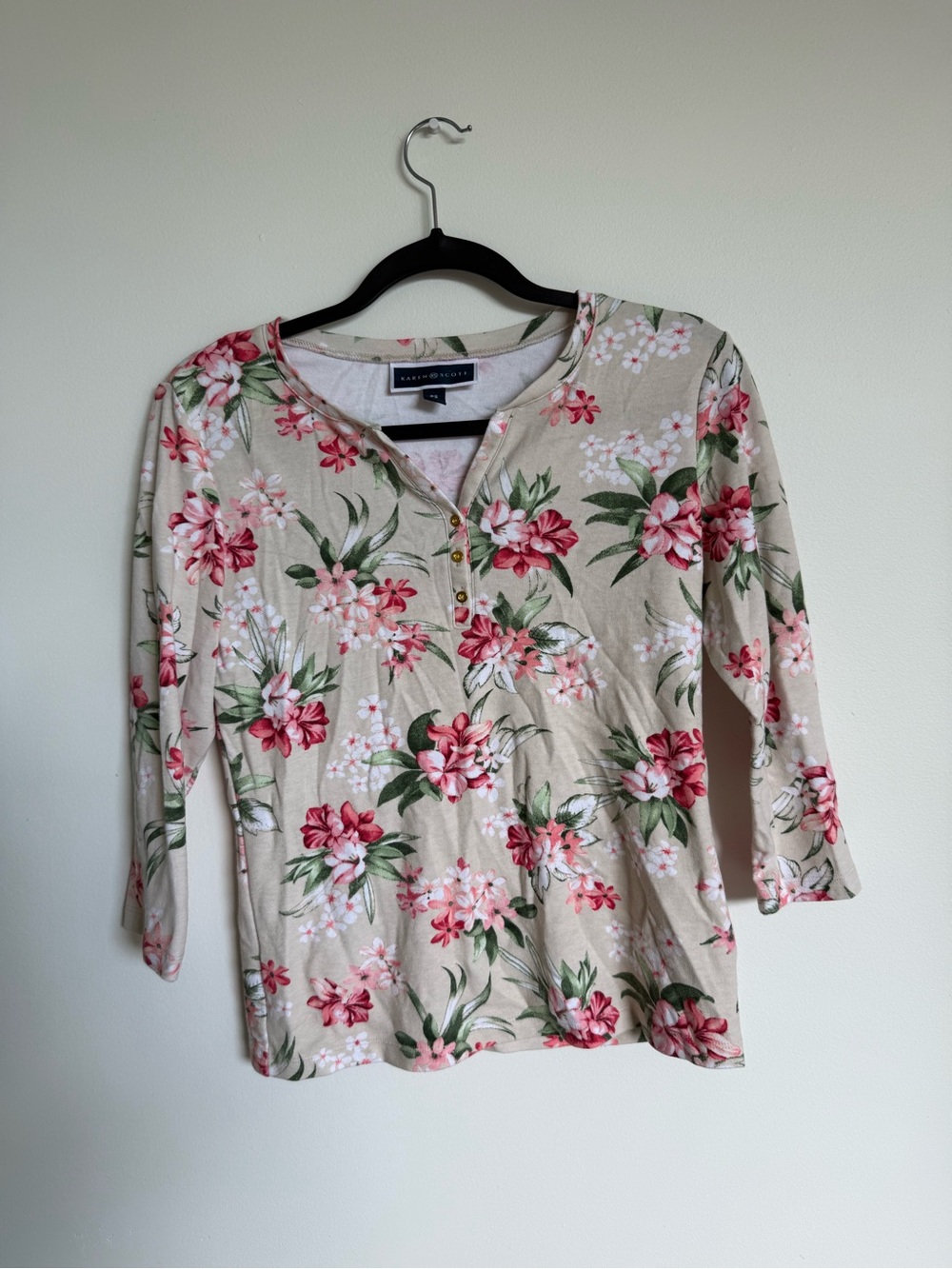 Karen Scott Beige Long-Sleeve Henley with Pink Floral Print